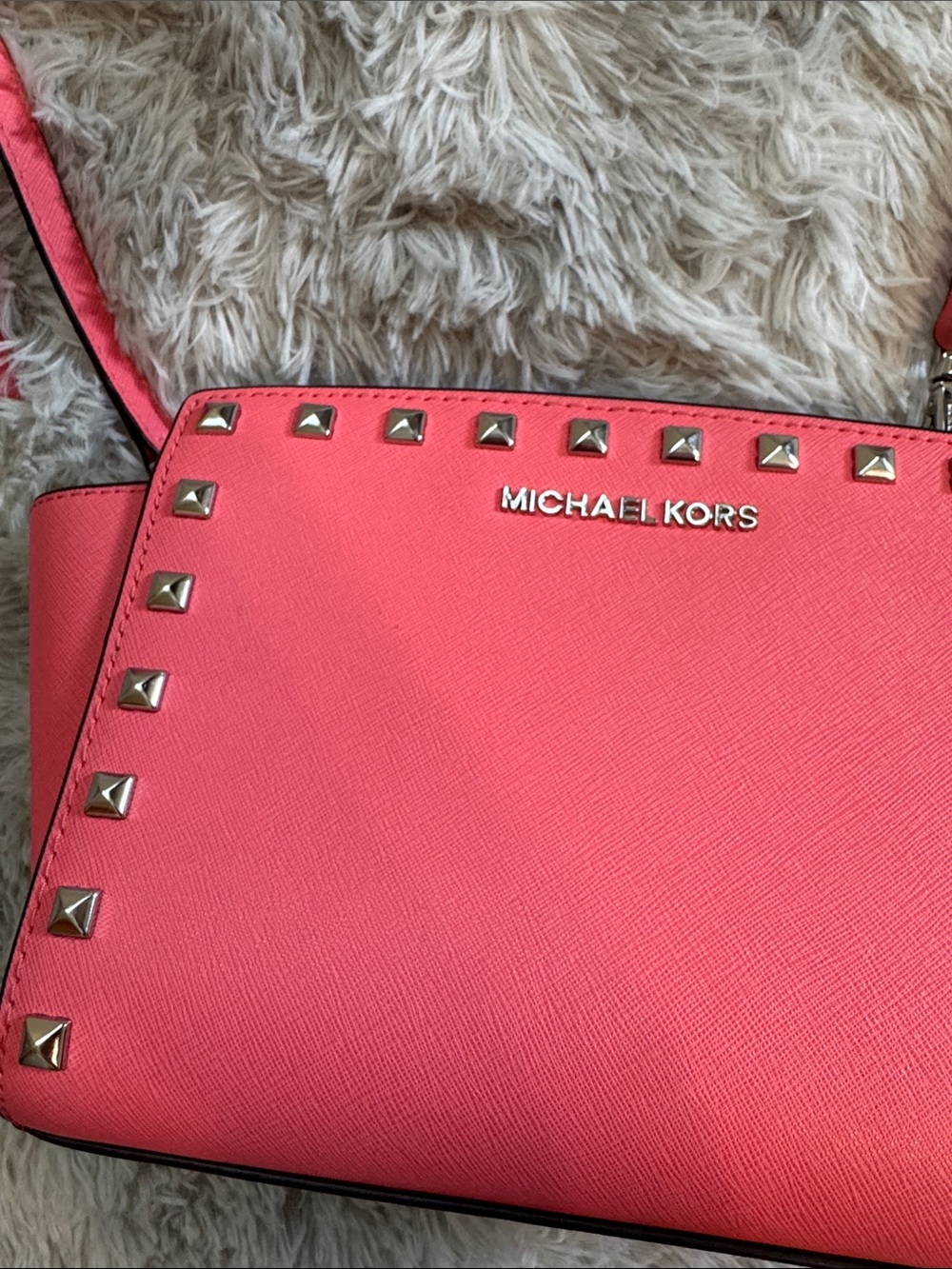 Michael Kors Coral Pink Studded Selma Crossbody Bag - Picture 2 of 6